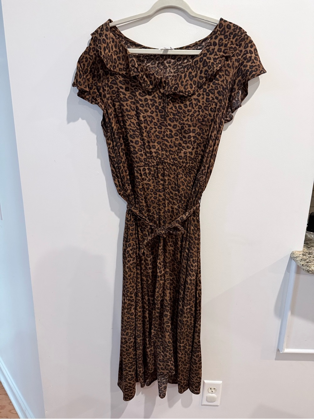 Time and Tru Brown Leopard-Print Midi Dress with Tie Waist